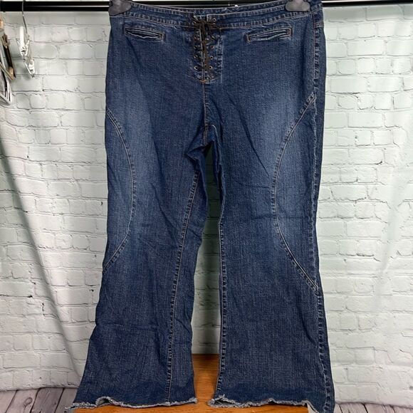 Venezia Wide-leg Lace Up Jeans frayed cuff 60’s 70’s size 22 vintage look - Picture 1 of 7